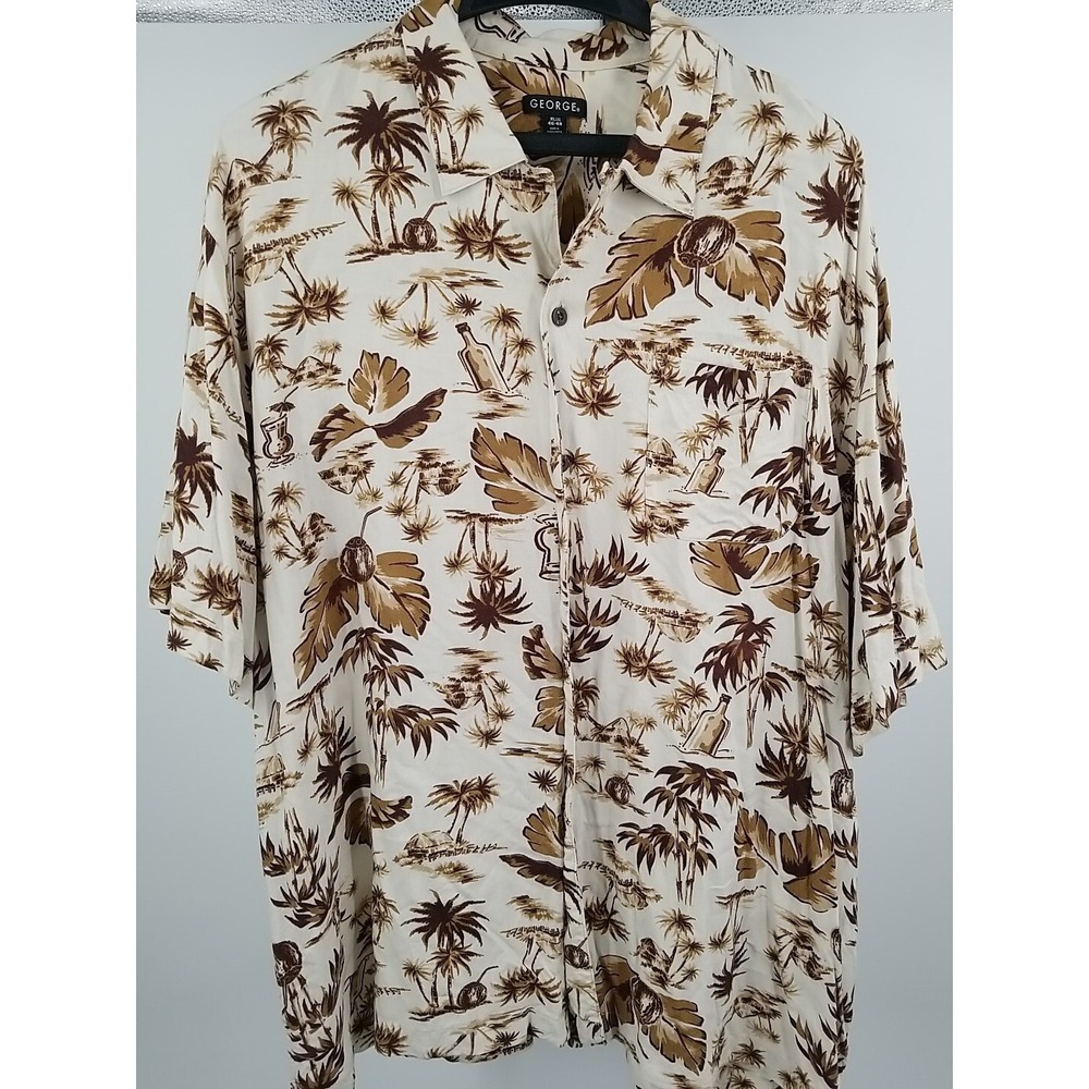 George Mens XL Hawaiian Button Up Shirt Short Sleeve Tan Brown Palm Rayon
